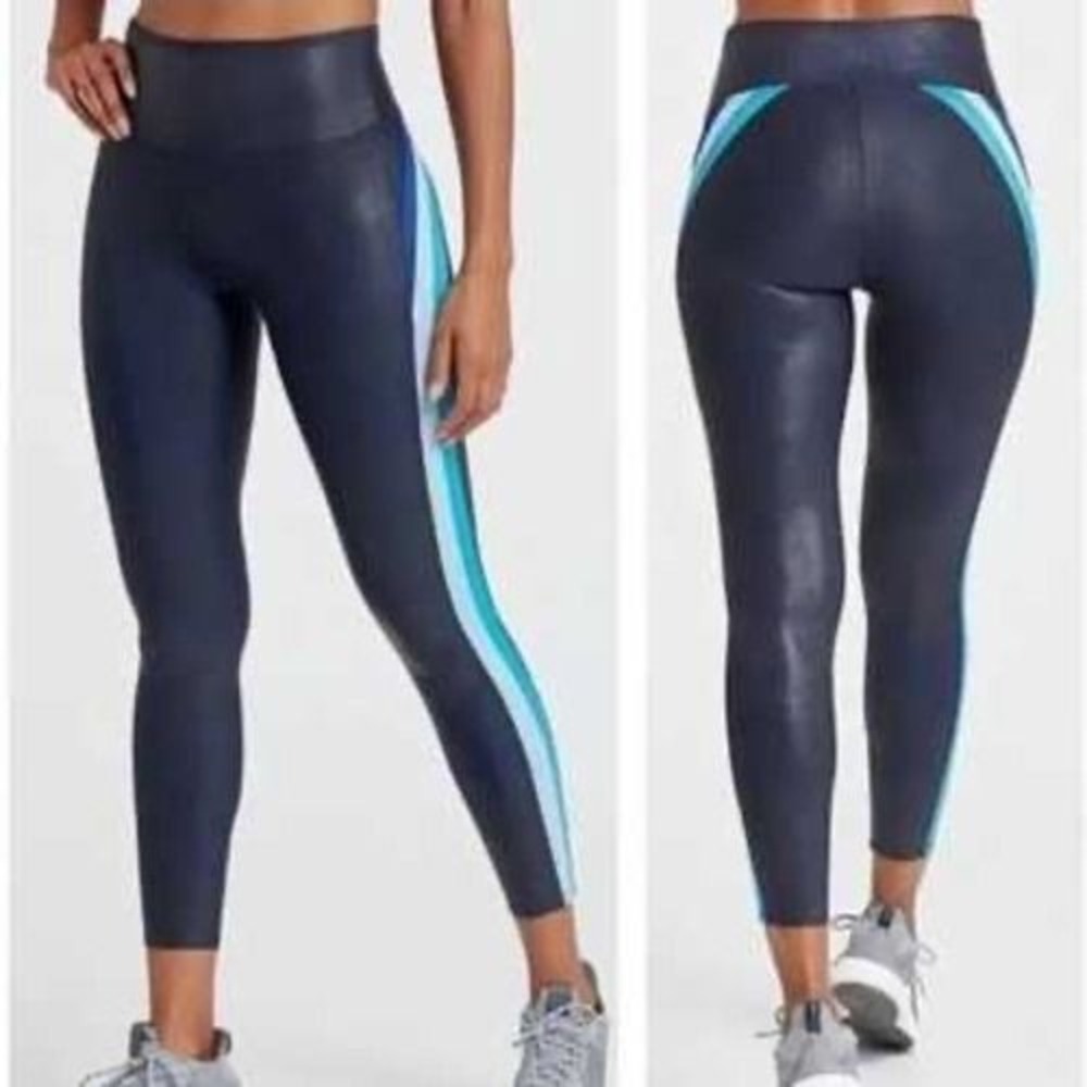 Spanx Faux Leather Side Stripe Leggings Navy Blue Teal Small 20247R